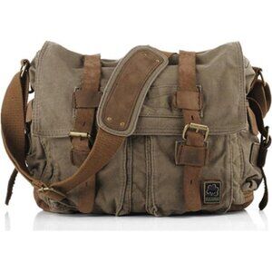 Sechunk Vintage Military Leather Canvas Laptop Bag Messenger Bags Medium